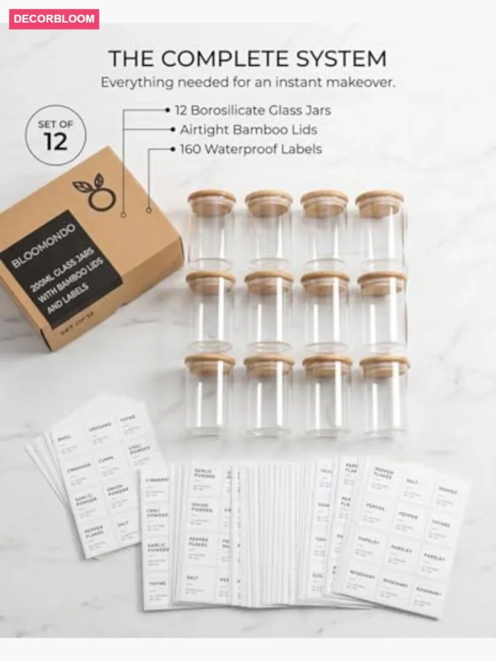 12-Piece 6oz Glass Spice Jars with Bamboo Lids & Labels Set